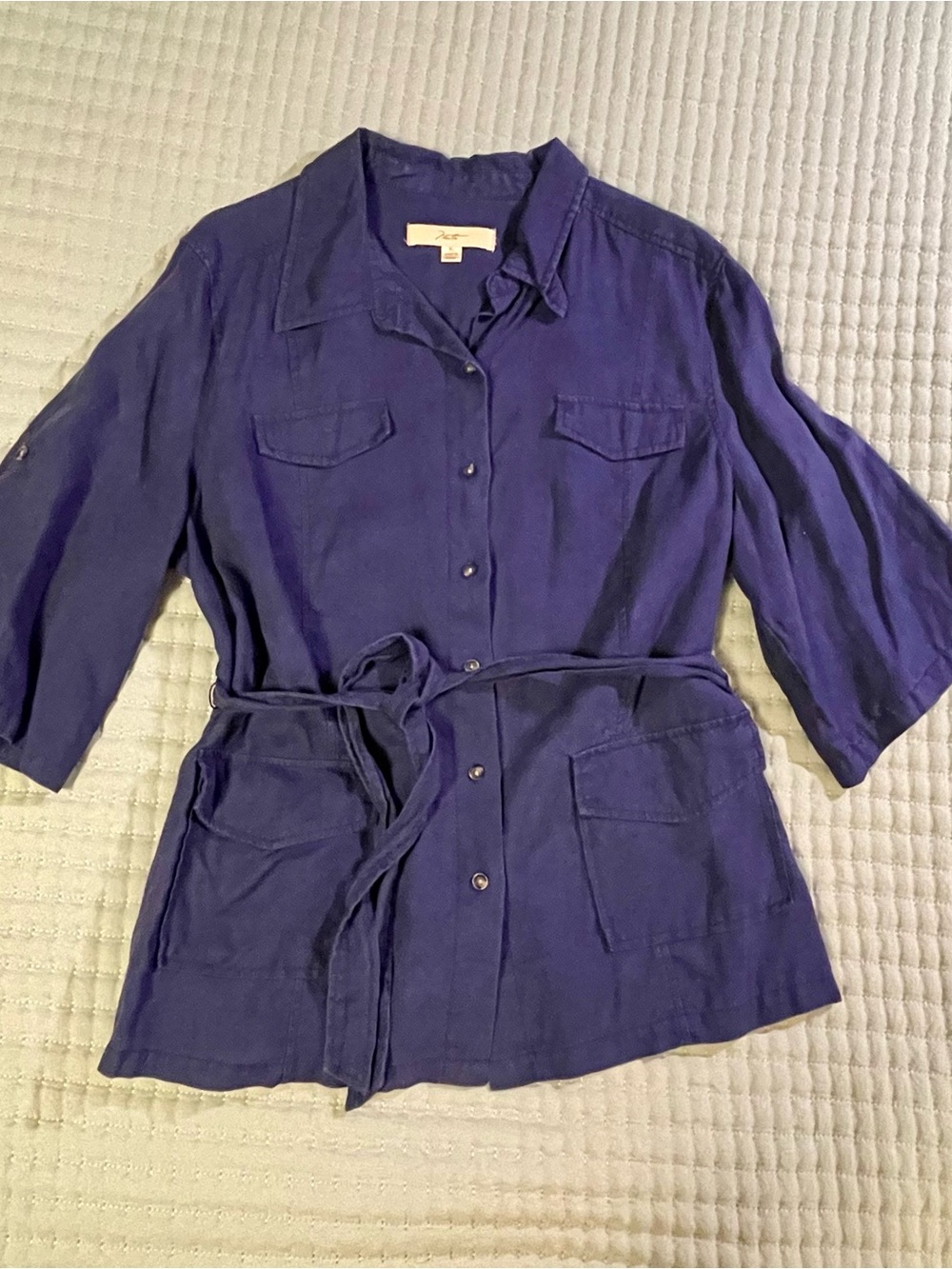 Relaxed Linen Belted Button-Up Shirt Jacket - Navy